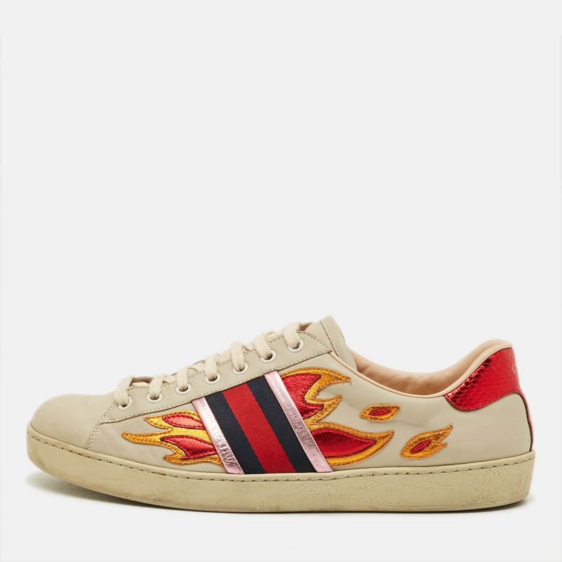 Gucci Ace Flames Size 43.5 Multicolor Leather Low Top Sneakers